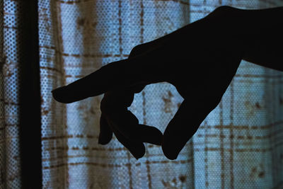 Close-up of silhouette hand on window at home