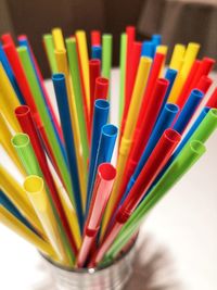 Close-up of multi colored pencils on table