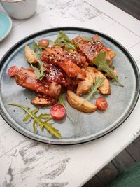 High angle view of food in plate on table