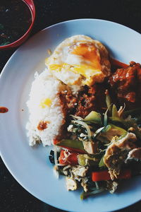 High angle view of breakfast served on table