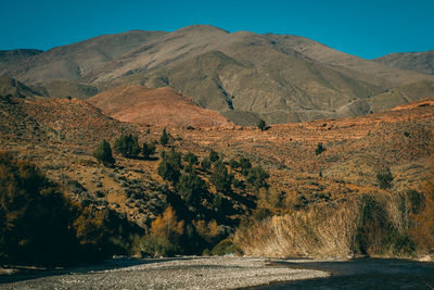 Scenic view of river by mountains against sky