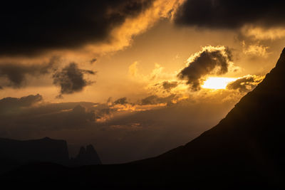 Low angle view of silhouette mountain against dramatic sky