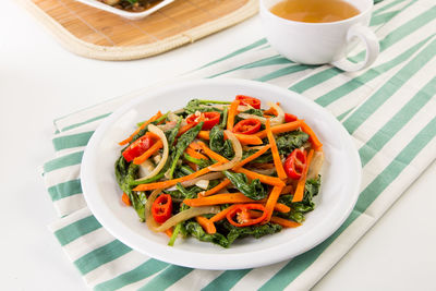 High angle view of noodles in bowl on table