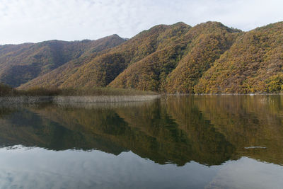 Scenic view of lake and mountains against sky