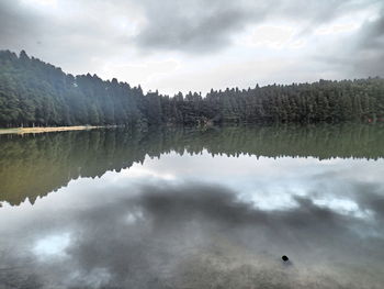 Scenic view of calm lake against cloudy sky