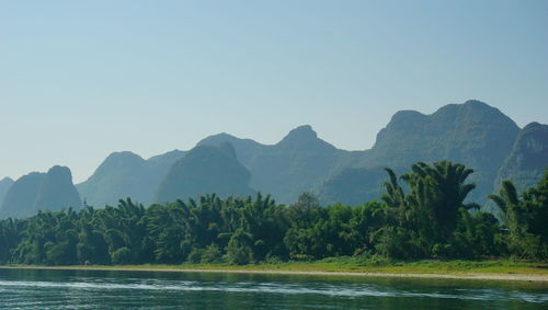 Scenic view of lake and mountains against clear sky