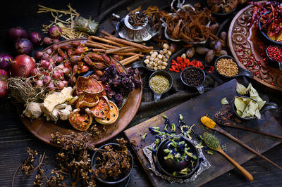 High angle view of fruits on table at market stall