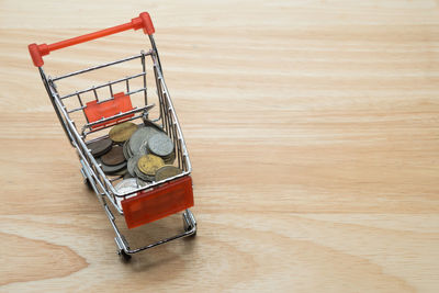 High angle view of empty container on wooden table