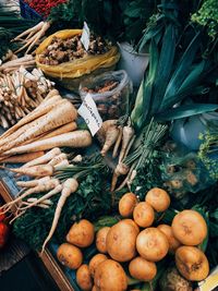 High angle view of vegetables for sale at market stall