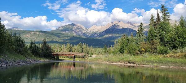 Scenic view of lake and mountains against sky