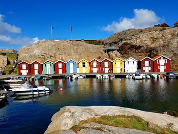 Houses by lake against blue sky