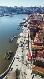 High angle view of boats in harbor