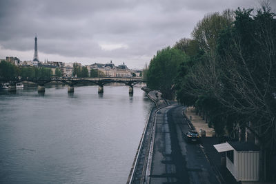 View of bridge over river against cloudy sky