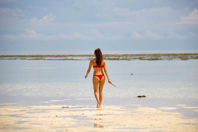 Rear view of woman in bikini walking at beach against sky