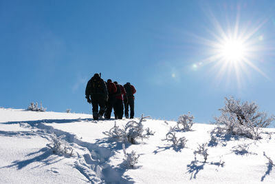 People on snow against clear sky during winter