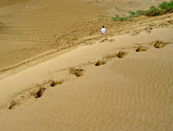Footprints on sand at beach