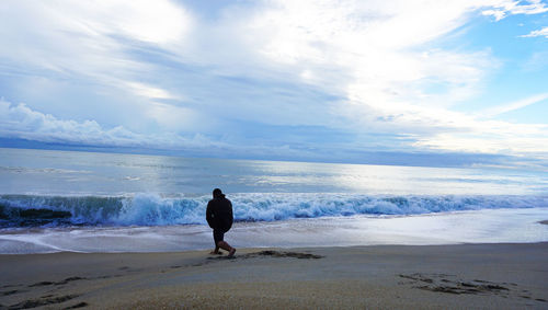 Rear view of man standing on beach against sky