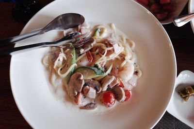 Close-up of pasta in plate on table