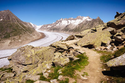 Scenic view of mountains against clear blue sky