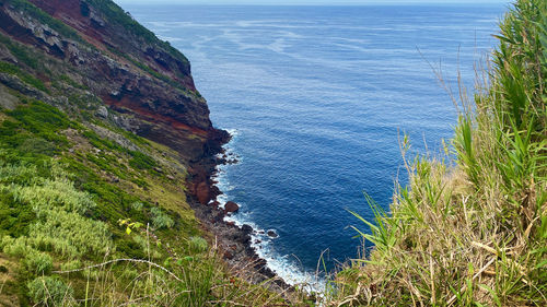 High angle view of sea and mountains