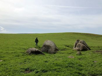 Rear view of woman walking on grassy field against sky