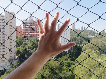 Cropped image of hand against chainlink fence