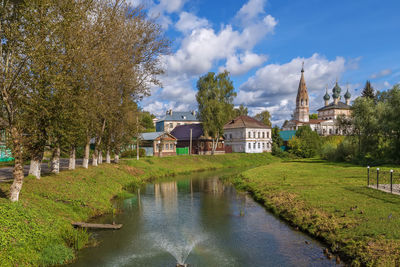 Cityscape with church and river in nerekhta, russia