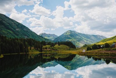 Scenic view of lake and mountains against sky