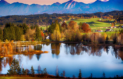 Scenic view of lake against sky at sunset