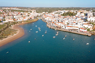 Aerial from the historical village ferragudo in the algarve portugal