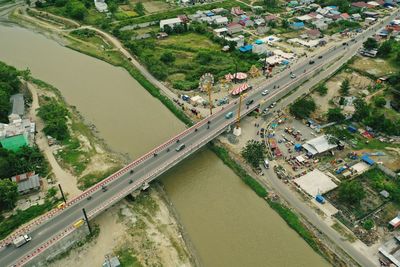 High angle view of road amidst cityscape