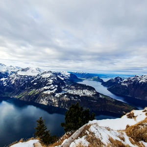 Scenic view of snowcapped mountains against sky