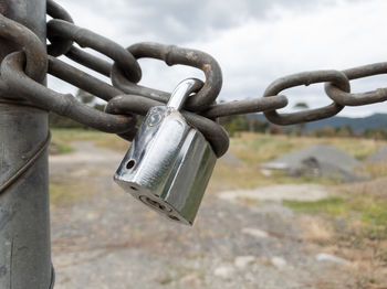 Close-up of padlock on chain