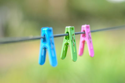 Close-up of clothespins hanging on rope