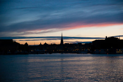 Silhouette of buildings against cloudy sky at sunset