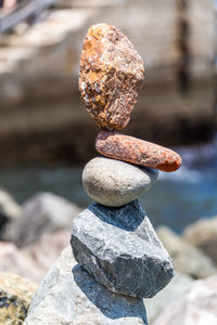 Close-up of stone stack on rock