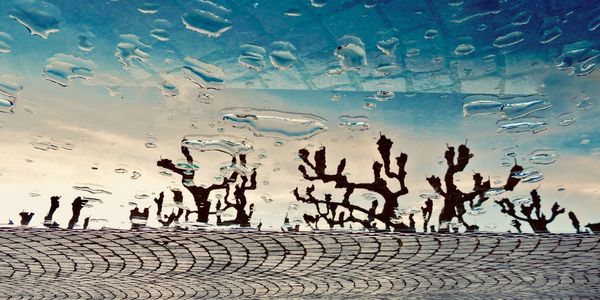 People on wet glass window in city against sky