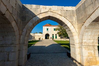 The interior of aerial photo of maskovica han, the ottoman monument in croatia