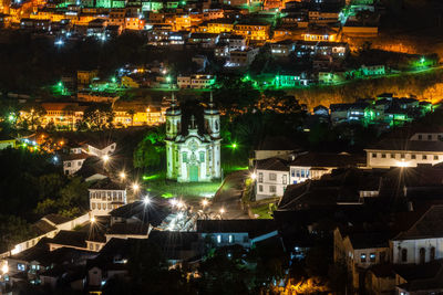 High angle view of illuminated buildings at night