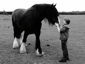 Full length of boy standing with horse on field