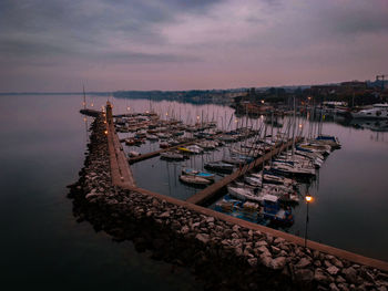 High angle view of harbor at dusk