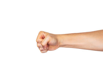 Close-up of woman hand over white background