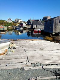 Boats moored on shore against clear sky