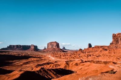 Panoramic view of rocky mountains against clear blue sky