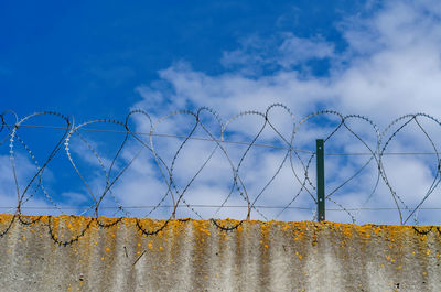 Barbed wire fence on high wall. protection of important object. close-up view