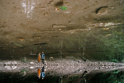 Rear view of a man walking in water