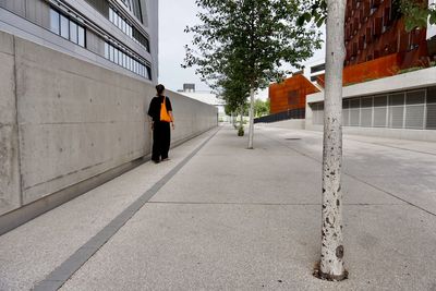 Rear view of young woman standing on city street