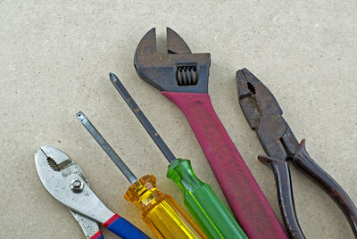 High angle view of tools on table