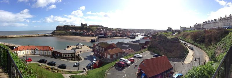 Panoramic view of houses and roads against sky