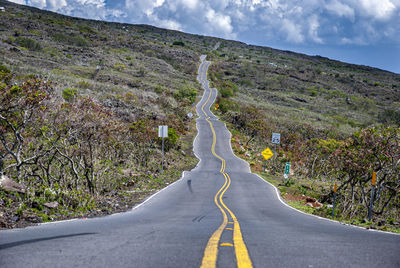 Empty road along landscape and mountains against sky